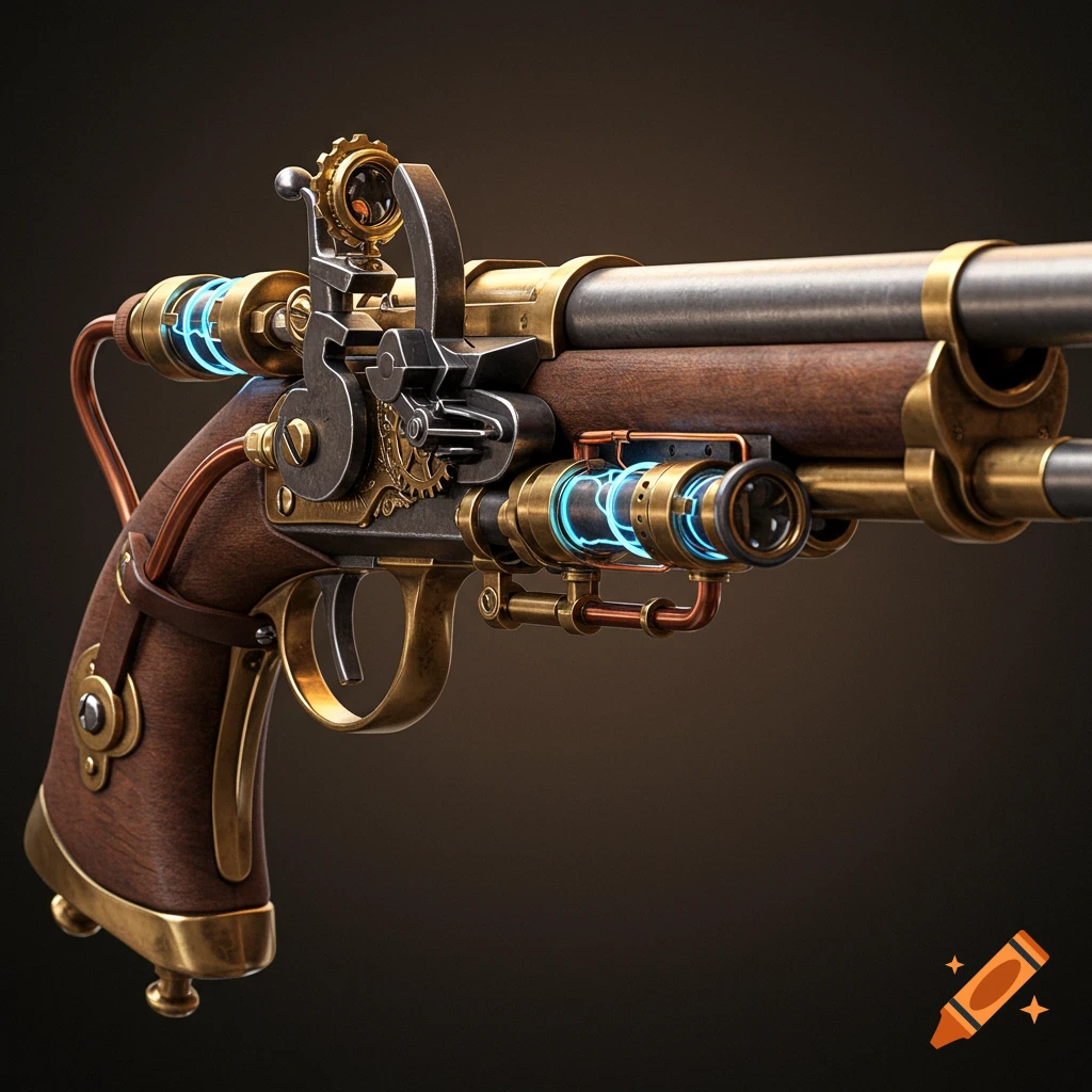 Detailed close-up of a steampunk flintlock pistol