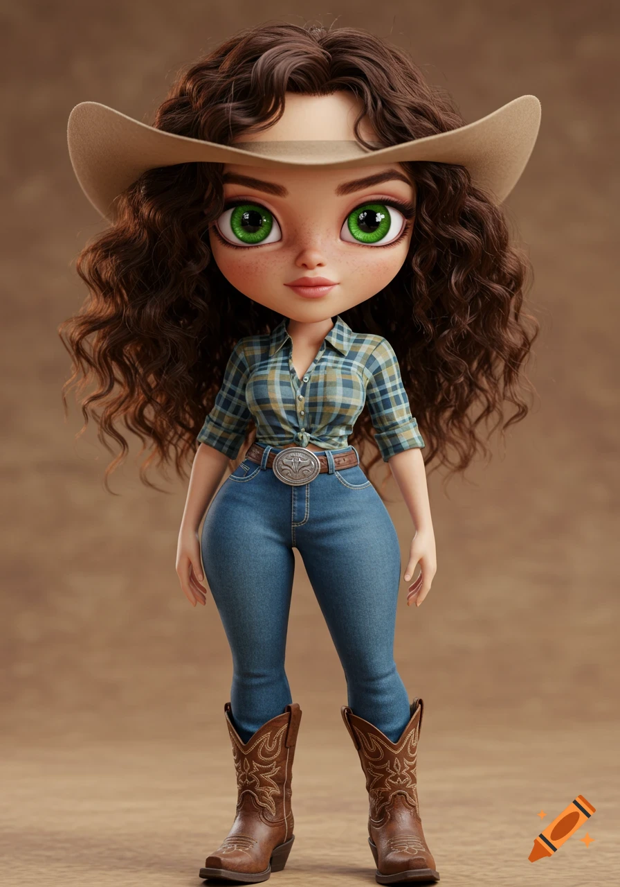A stylized doll-like cowgirl with green eyes, brown curly hair, wearing a cowboy hat, plaid shirt, jeans, and boots.