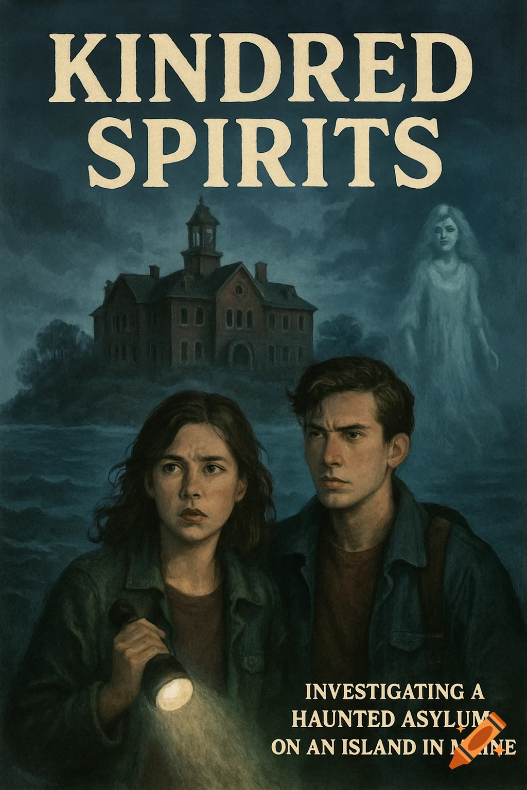 Two people with a flashlight stand before a haunted asylum on a misty island with a ghost figure behind it, styled like a book cover.