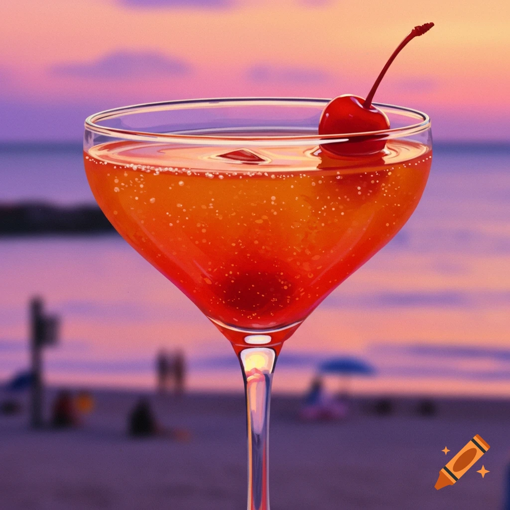 A close-up of a cocktail glass with an orange drink and cherry on a beach at sunset.