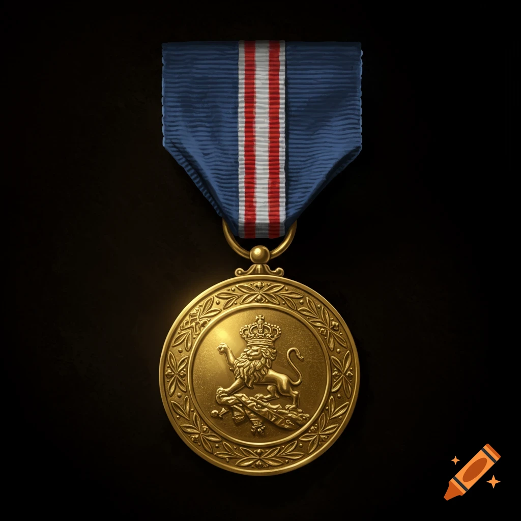 A gold medal with a lion and crown design on a blue, red, and white ribbon against a dark background.