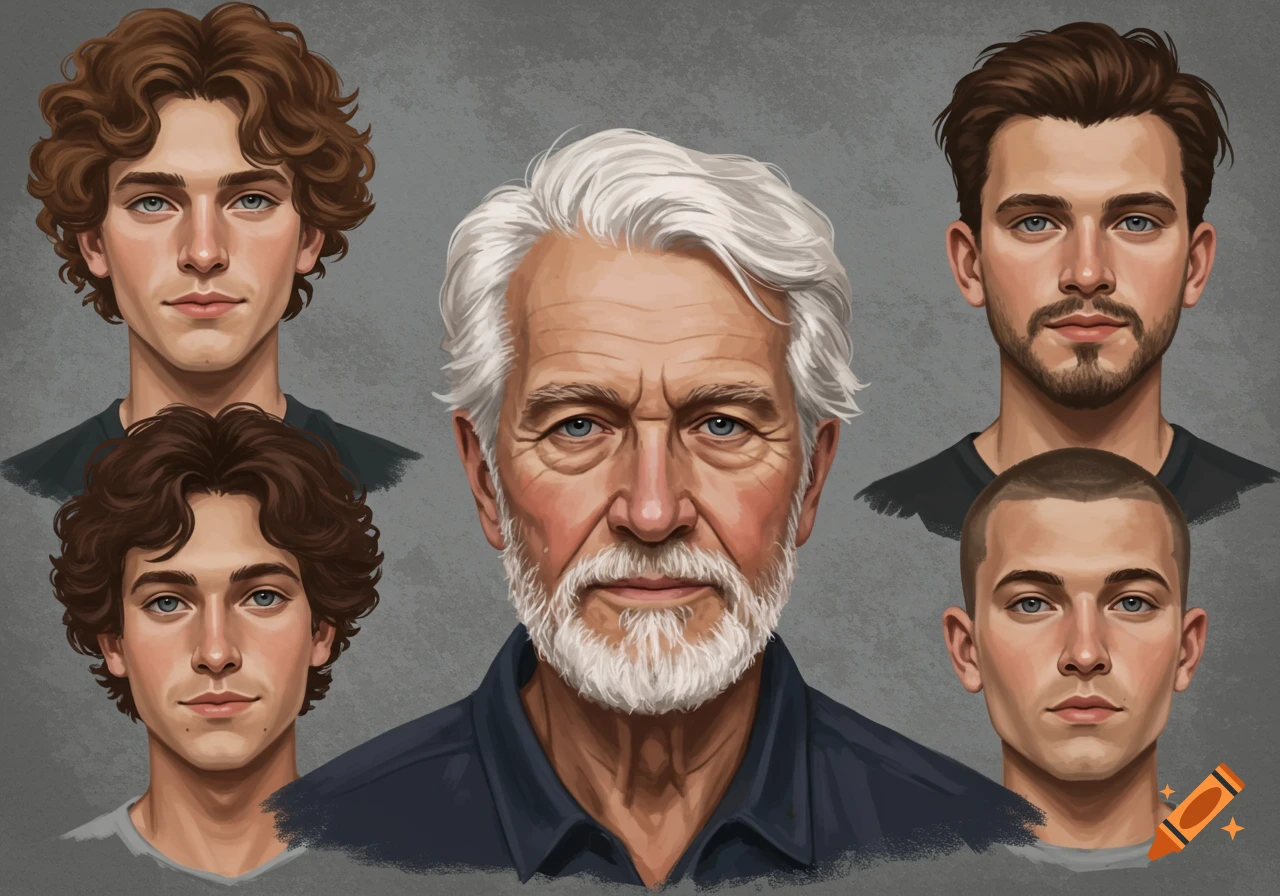 Five illustrated portraits of men, including an older man with white hair and beard and four younger men with various hairstyles.