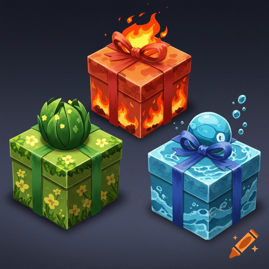 Stylized gift boxes representing grass, fire, and water elements