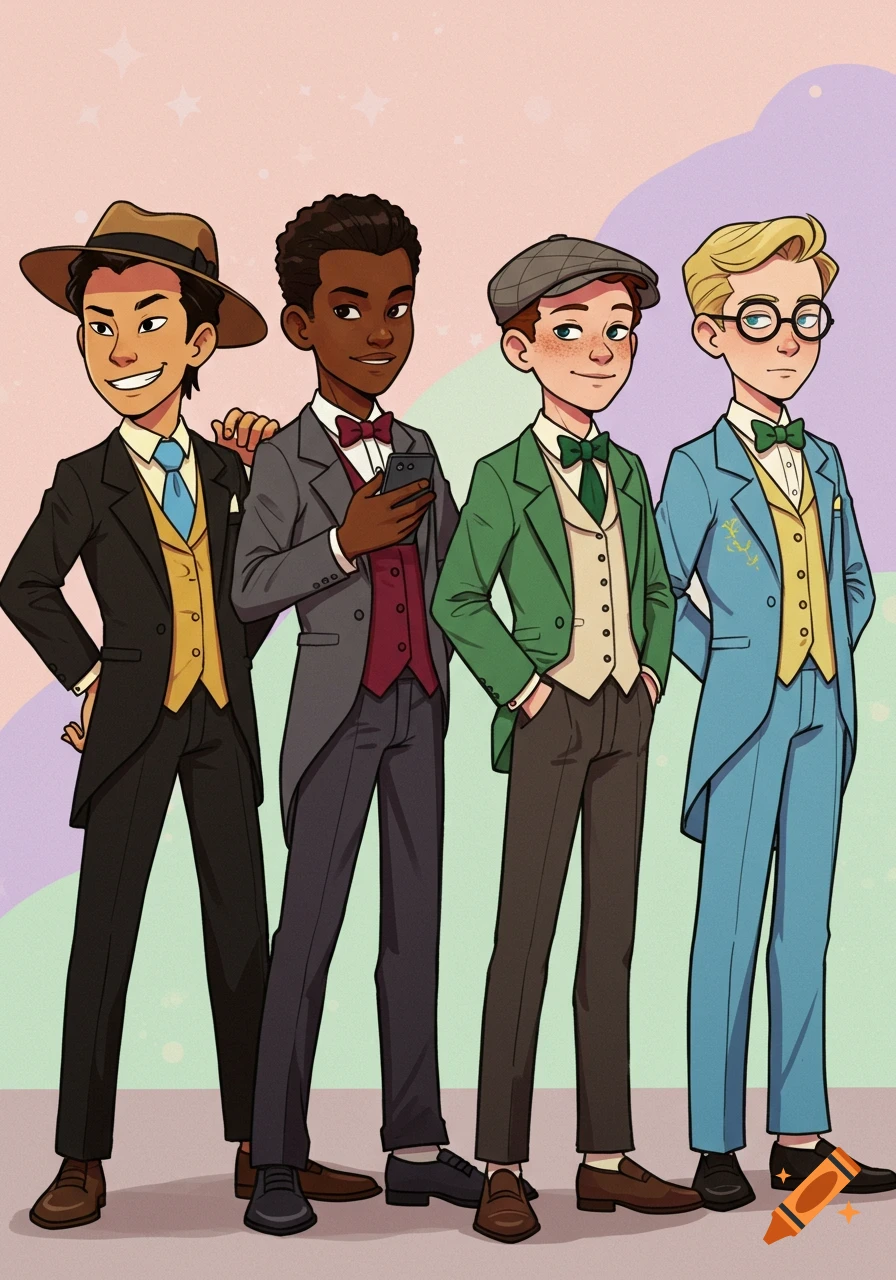 Four cartoon teenage boys in colorful suits stand together.