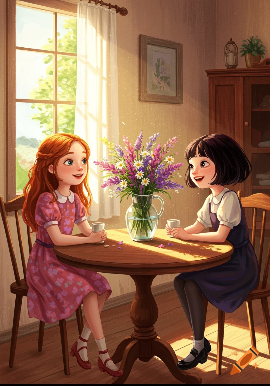 Two smiling girls sit at a table with flowers in a sunlit room