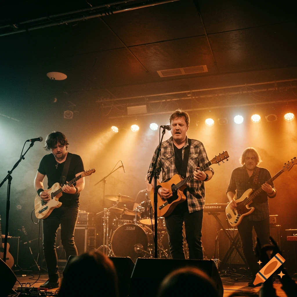 A band performs live on stage with guitars and bass under spotlights.