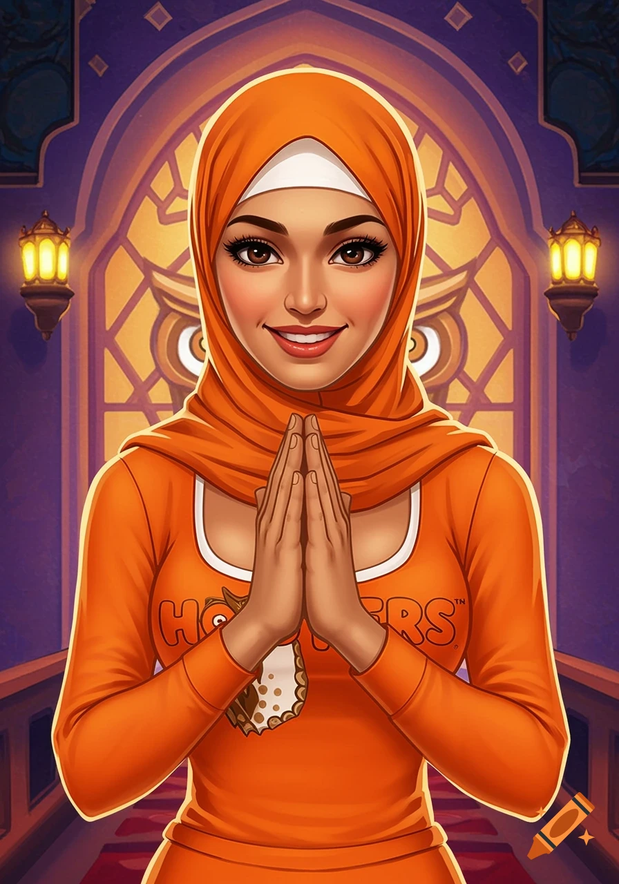 Cartoon of a woman in a hijab and Hooters uniform with hands clasped, in an arched doorway.