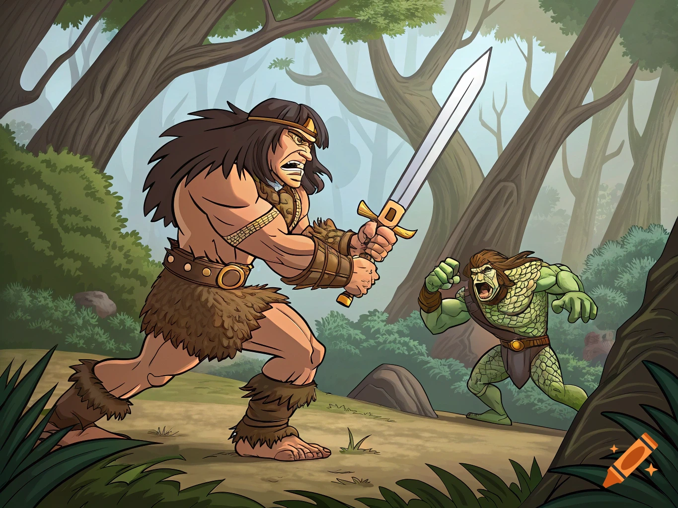 Cartoon style battle between a barbarian and a reptilian creature in a forest.