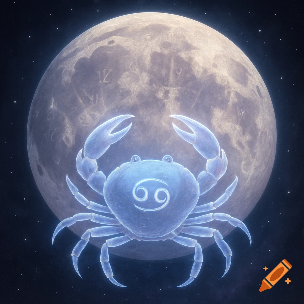 A glowing blue crab with the Cancer symbol in front of a full moon with zodiac carvings, in a cosmic setting.