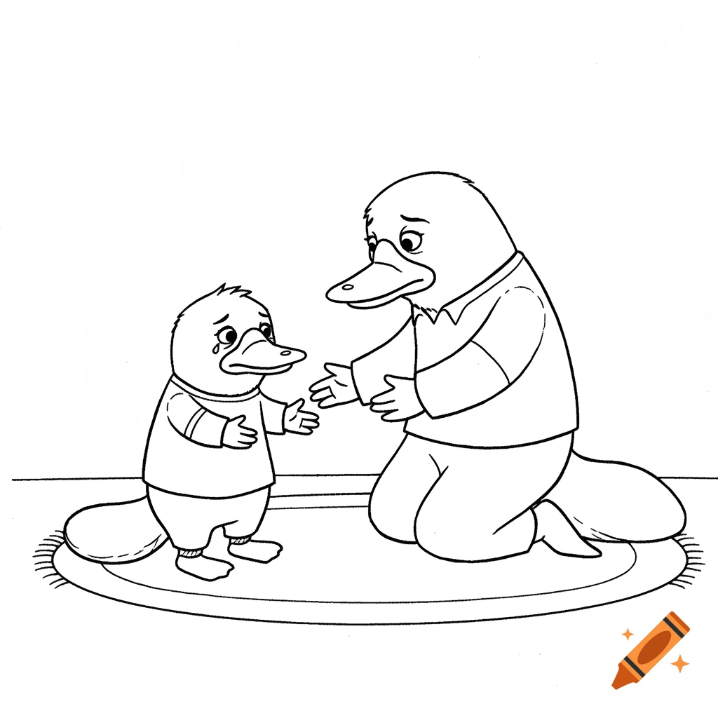 Black and white cartoon platypus child reaches for a hug from a kneeling parent. Coloring page style.