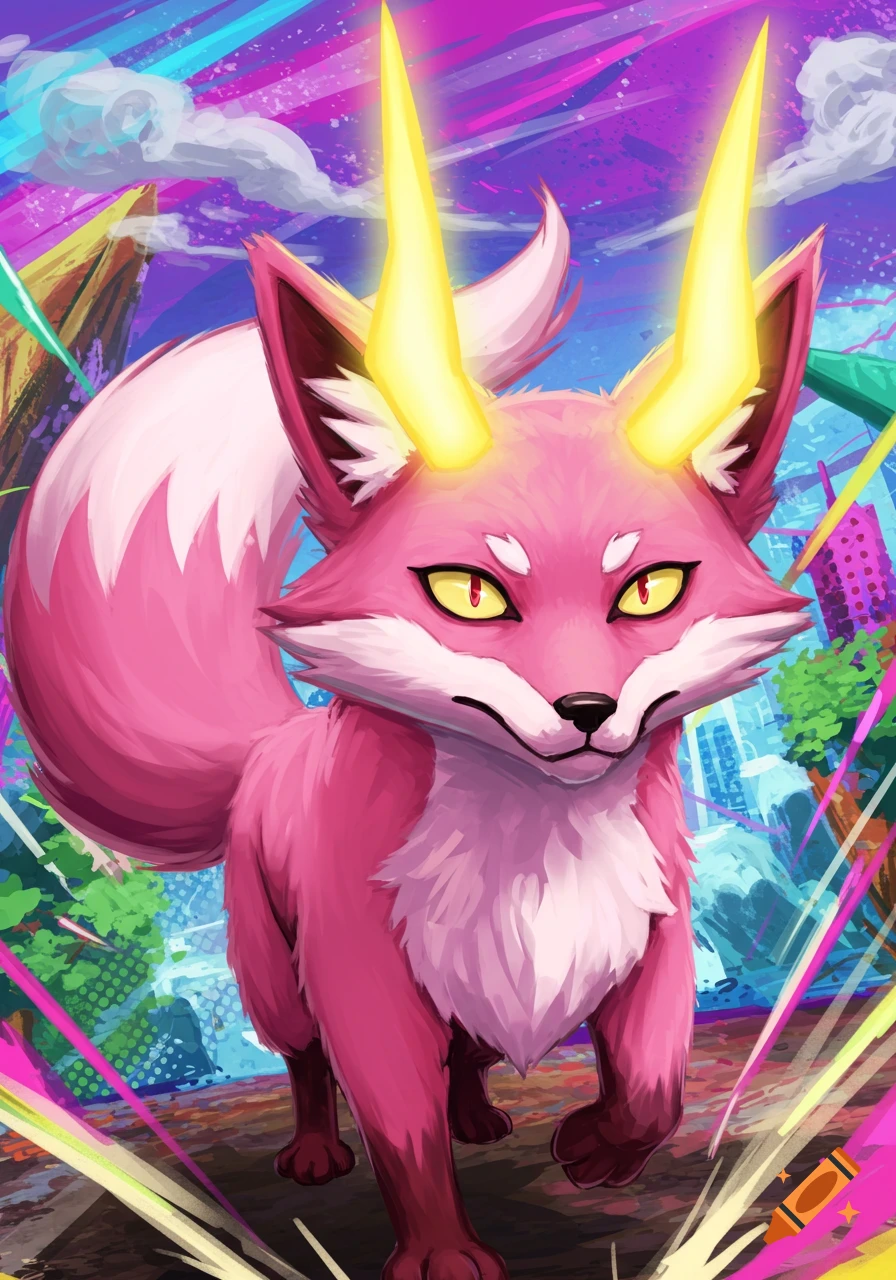Pink fox creature with yellow horns in a vibrant anime-style landscape.
