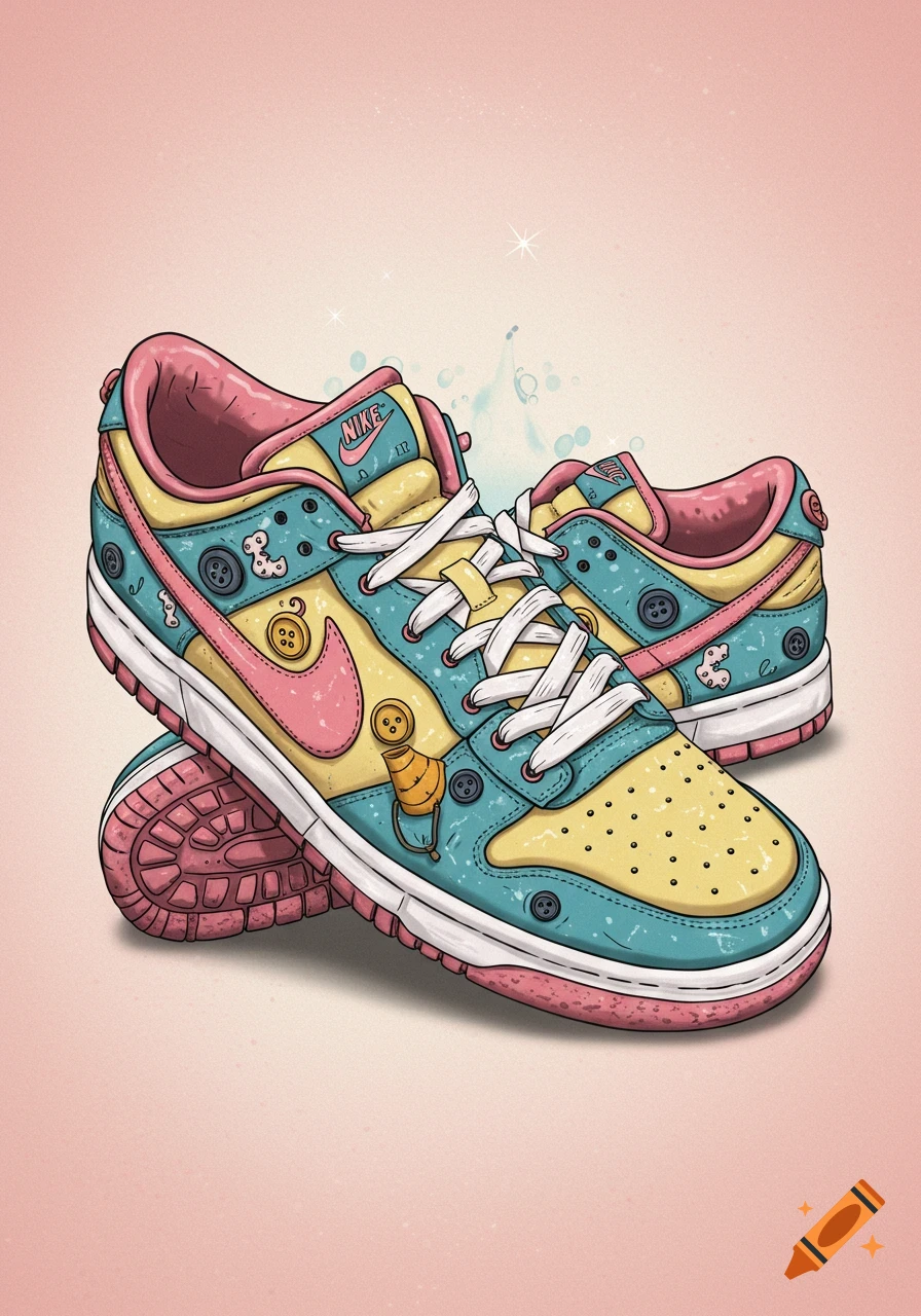 Cartoon illustration of colorful Coraline-themed trainers with buttons and a gingerbread man.