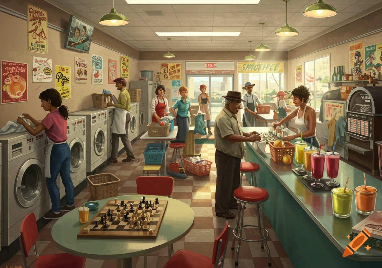 A retro-style illustration of a busy laundry mat and juice bar with people doing laundry, playing chess, and making drinks.
