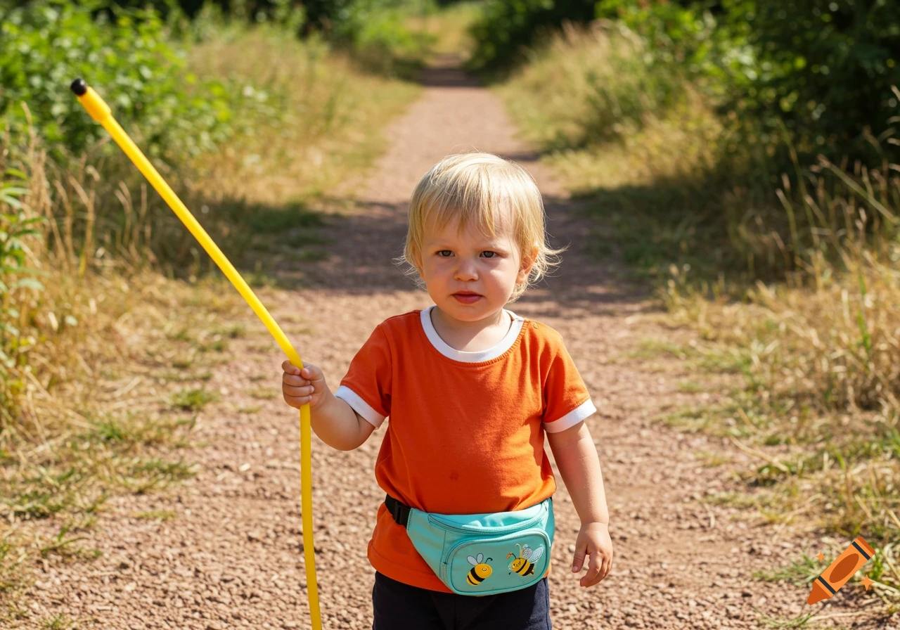 Toddler holds a stick on a dirt path, wearing an orange shirt and a fanny pack with bees.