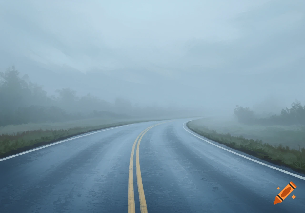 A wet road curves through a misty landscape under a grey sky.