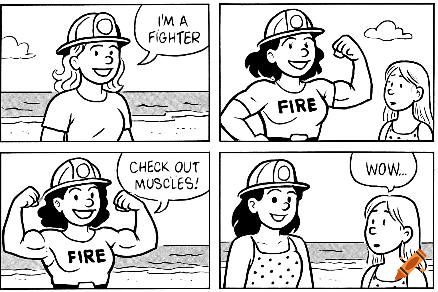 Black and white comic strip shows a female firefighter flexing muscles on the beach while another person watches in awe.