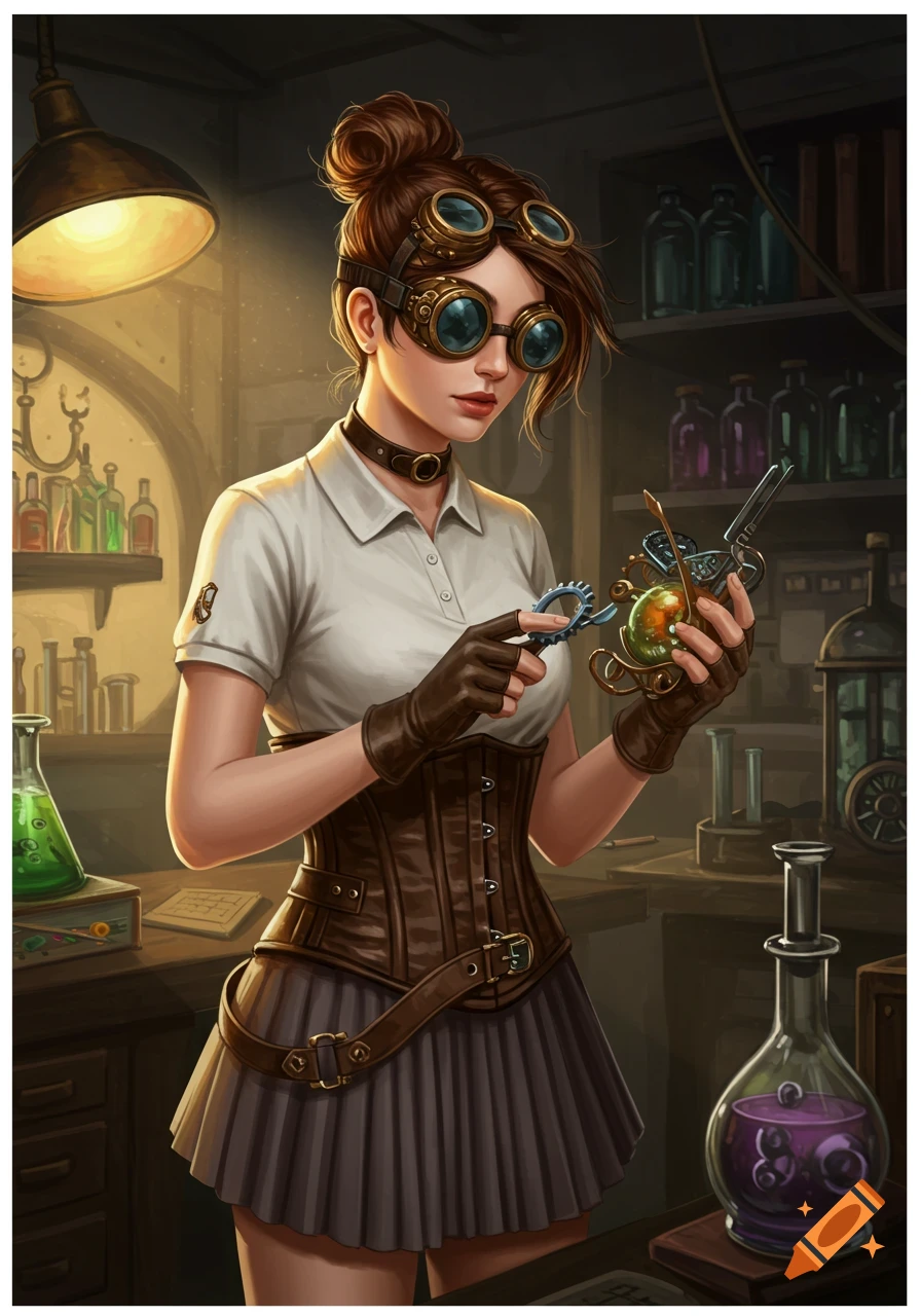 A female steampunk artisan tinkers with a device in her laboratory.
