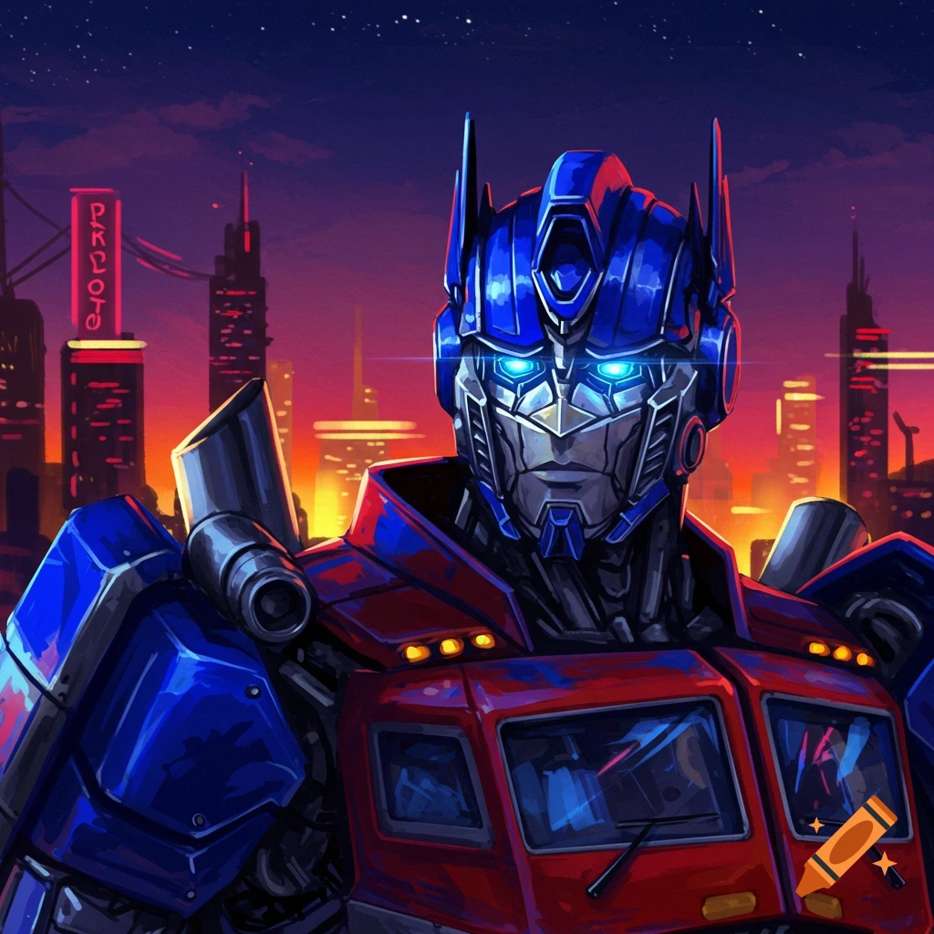 Illustration of Optimus Prime standing before a futuristic city skyline at night