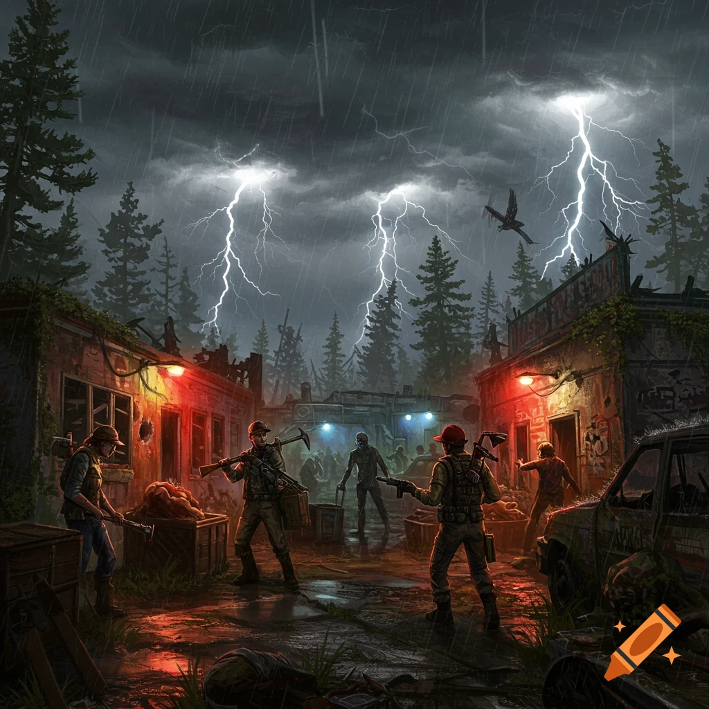 Survivors battle zombies in a destroyed town street under a lightning storm.