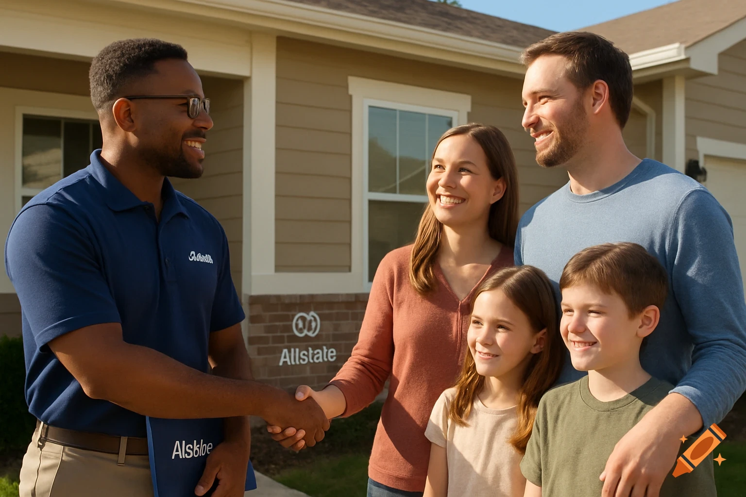 A photorealistic image of an insurance agent shaking hands with a smiling family in front of their suburban home.
