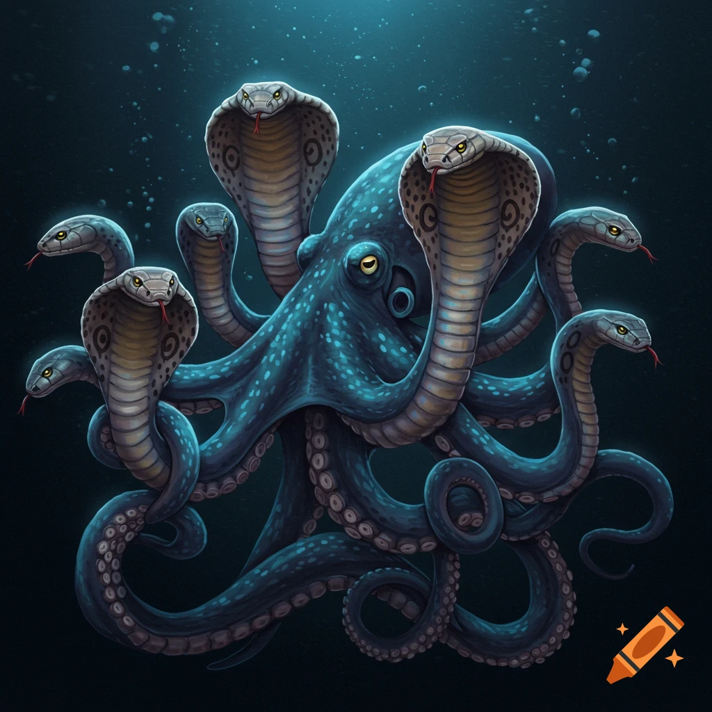 An illustrative fantasy image of a blue octopus with cobra heads instead of tentacles, underwater.
