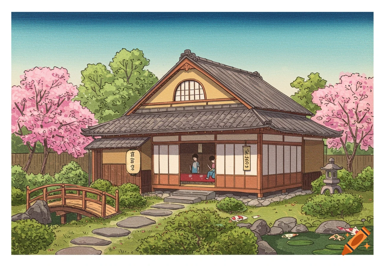 Illustration of a traditional Japanese house and garden with cherry blossoms, koi pond, and bridge.