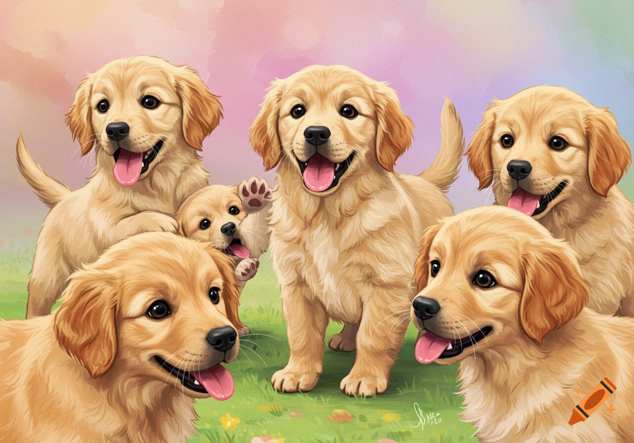 Illustration of several happy golden retriever puppies in a grassy field.