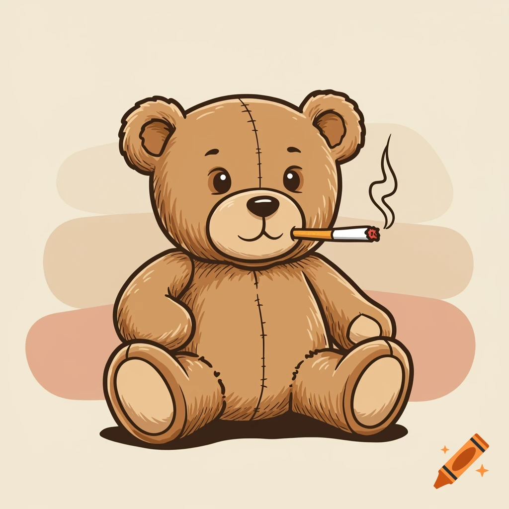 Cartoon illustration of a teddy bear smoking a cigarette.