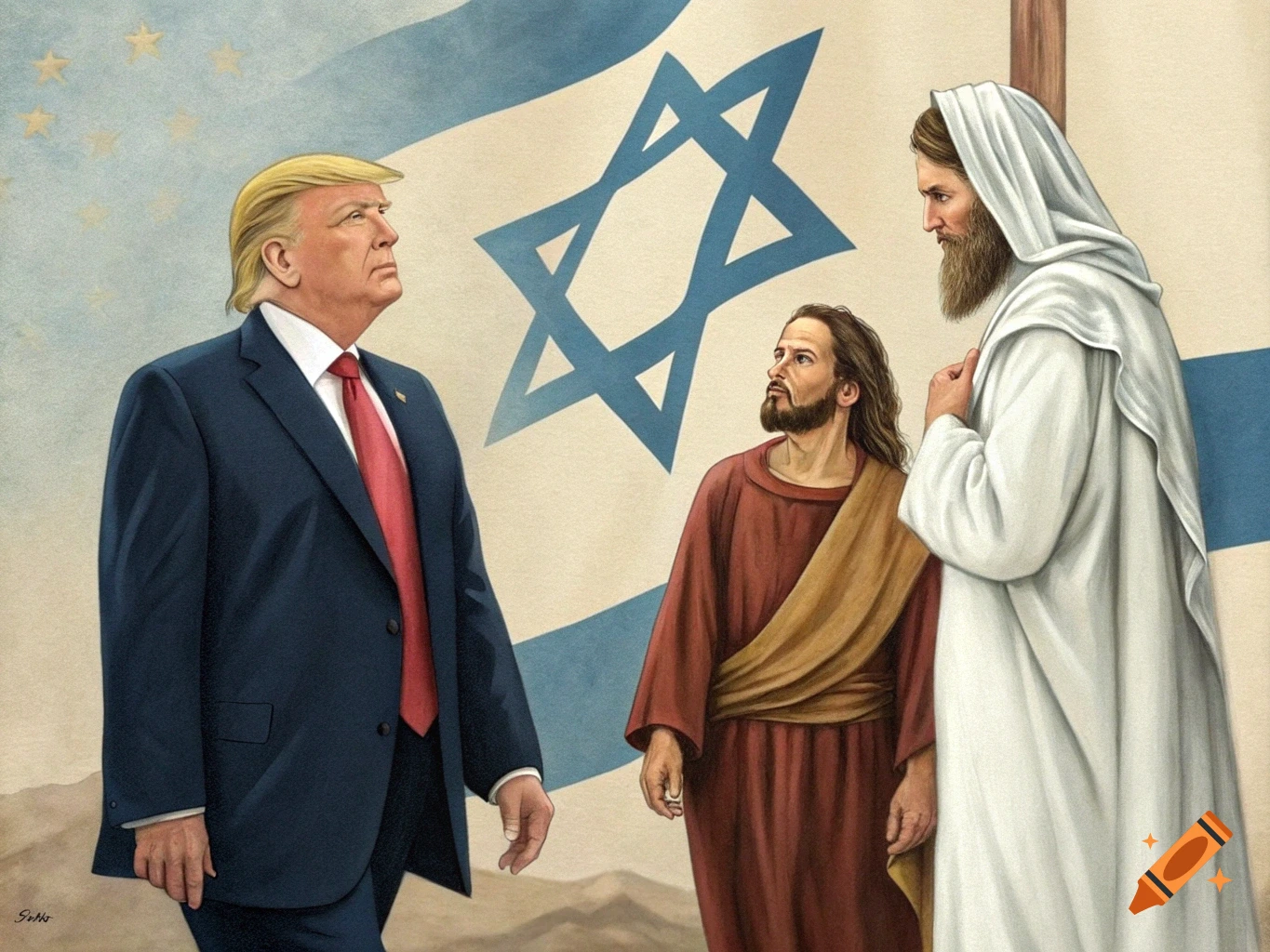 Painting of Donald Trump standing with Jesus and another figure before a flag resembling Israel's.