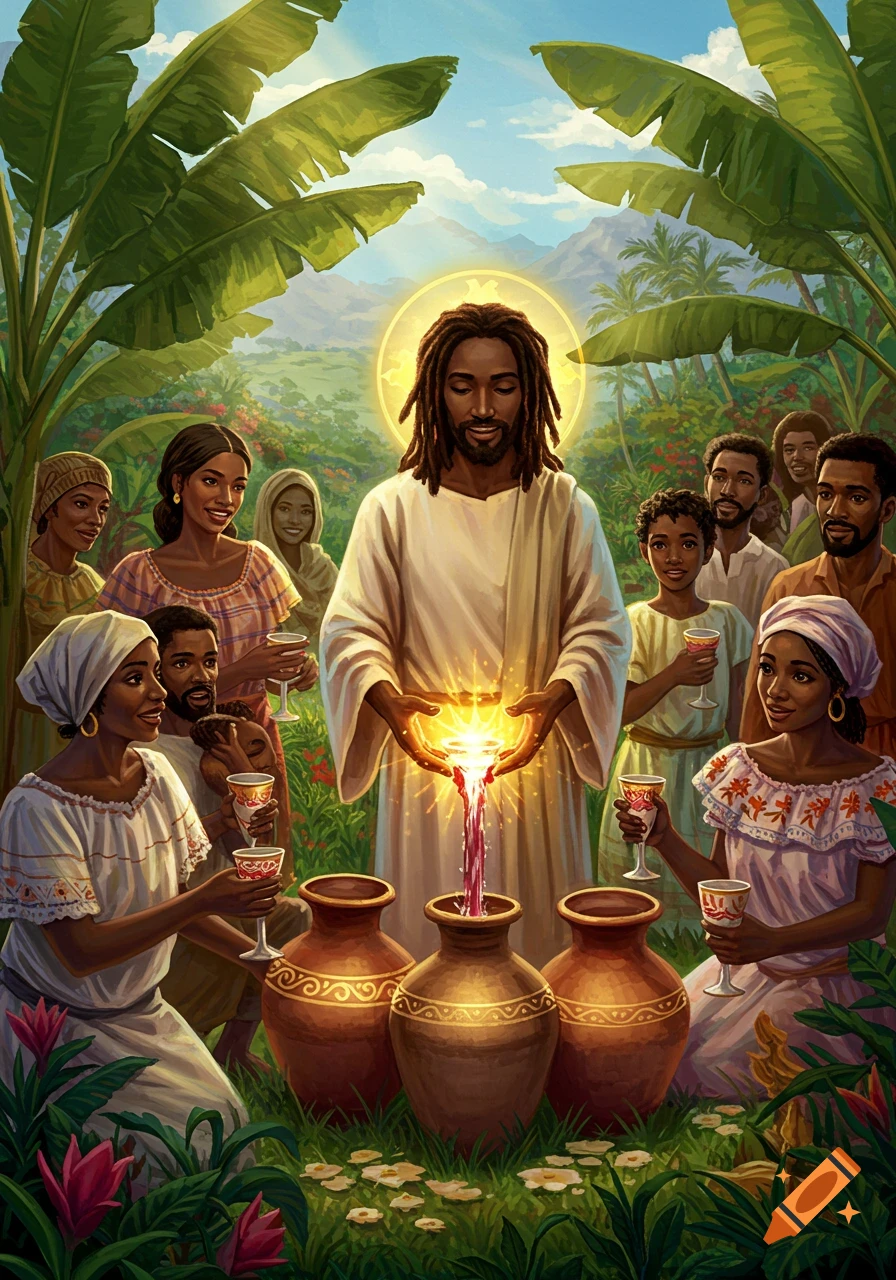 A Black man with dreadlocks, depicted as Jesus, turns water into wine in a tropical setting with a diverse group.