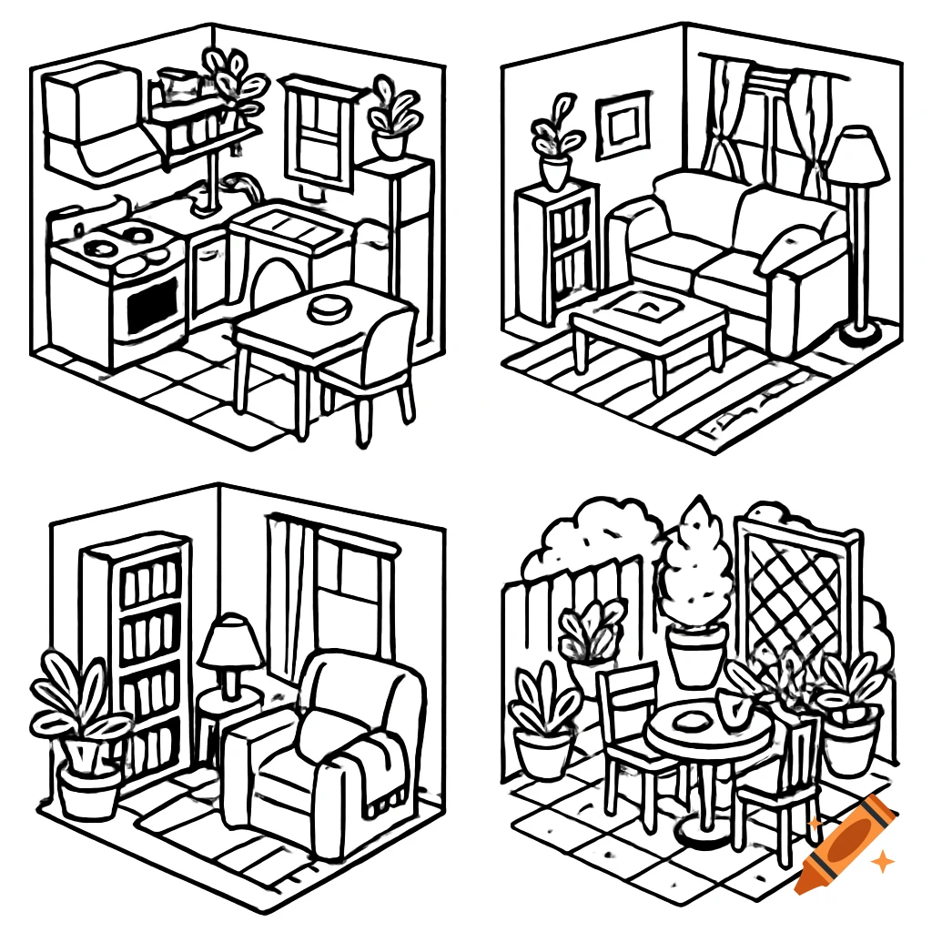 Four black and white isometric line art illustrations of cozy rooms and a patio garden.