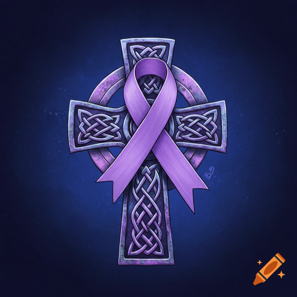 A Celtic cross with purple knotwork details, wrapped with a lavender awareness ribbon on a dark blue background.