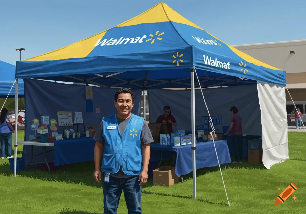 Illustration of a smiling man in a blue vest standing in front of a Walmart tent setup outdoors.