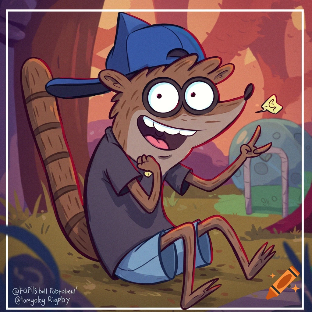 Cartoon Rigby from Regular Show sitting in a park
