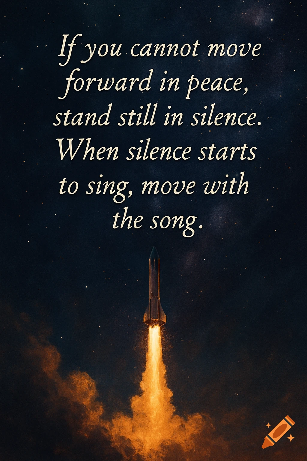 A rocket launches against a starfield background with text overlay.