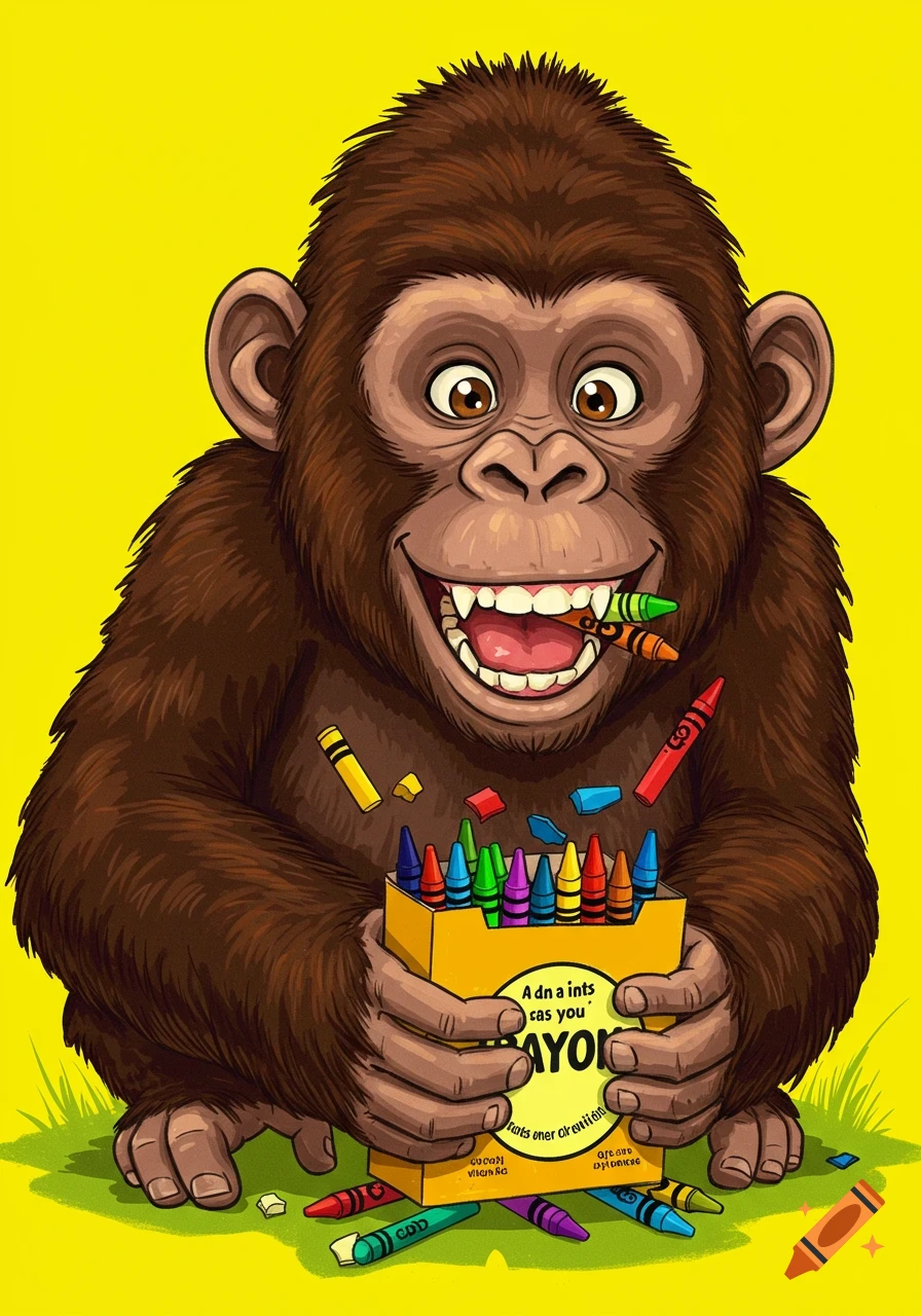 Cartoon chimpanzee eating crayons from a box