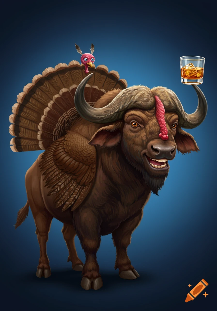 Fantasy illustration of a buffalo with turkey wings and a turkey head on its back, holding a whiskey glass on its horn.