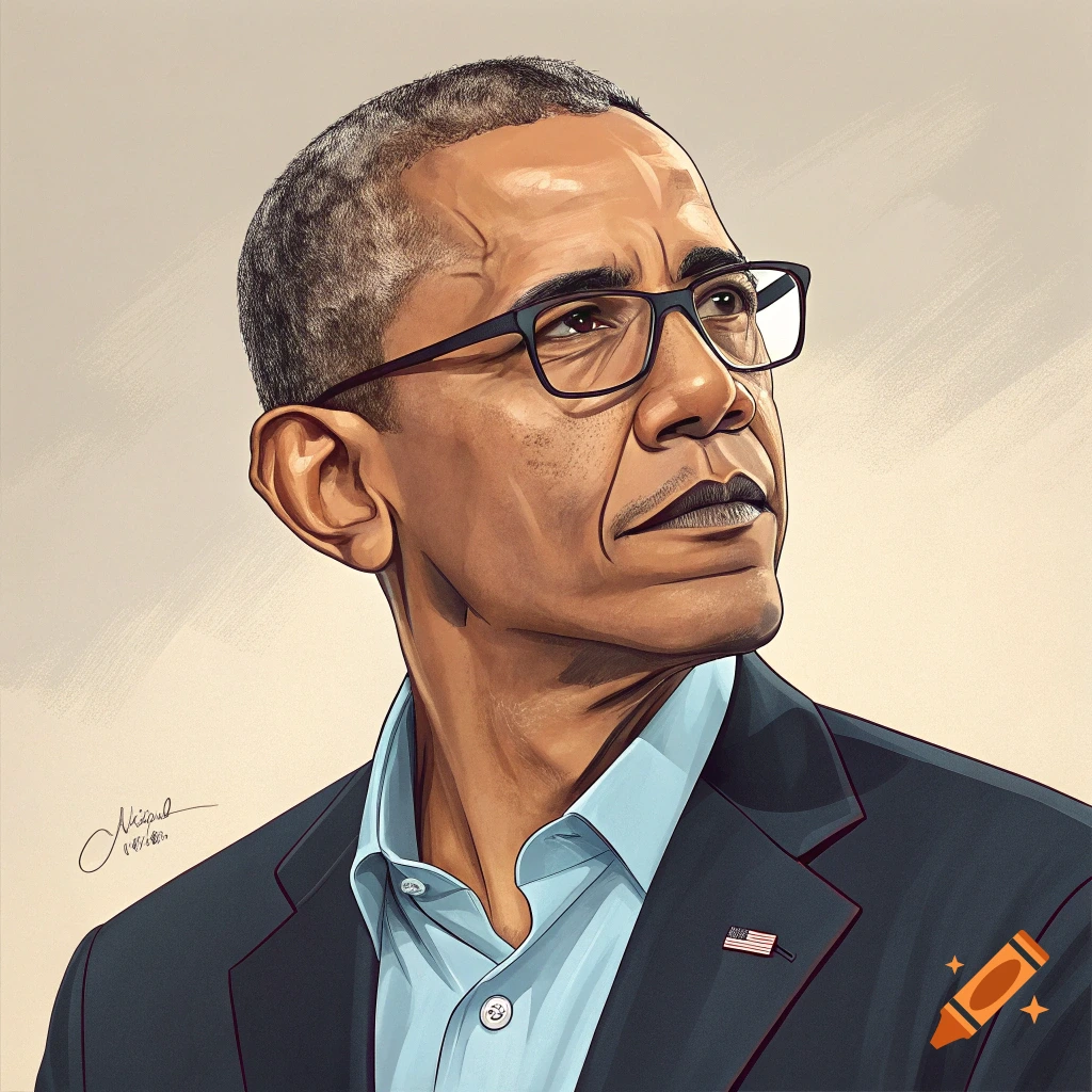 Illustration of Barack Obama wearing glasses and a suit, looking upwards.