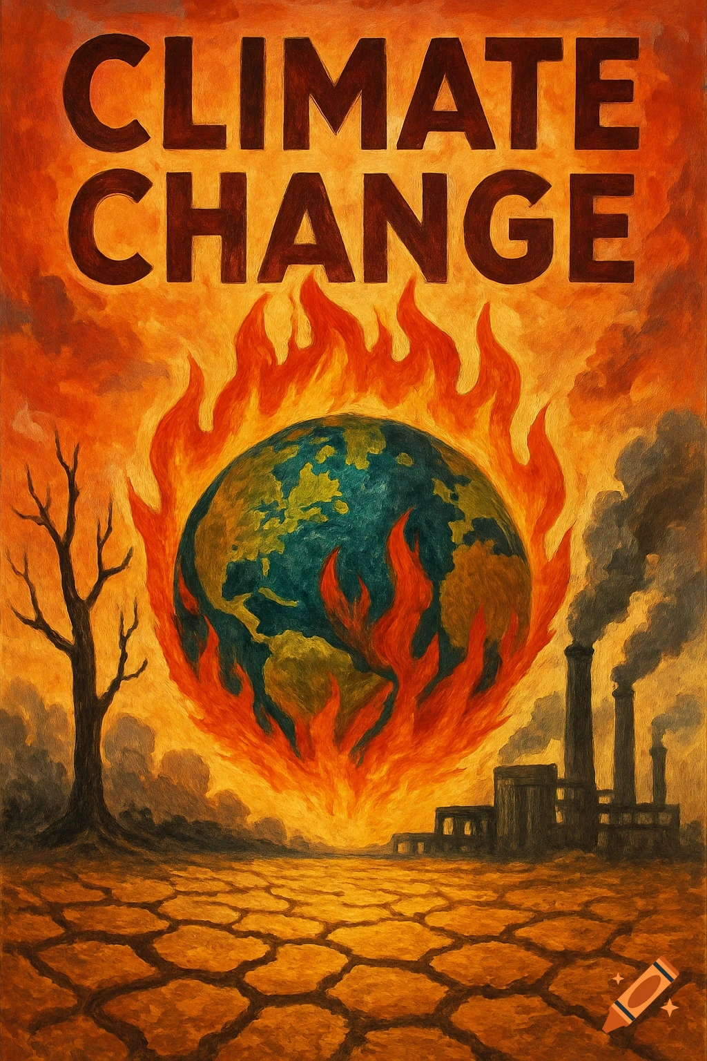 Stylized poster for climate change showing the Earth burning, dry ground, a dead tree, and smoking factories.