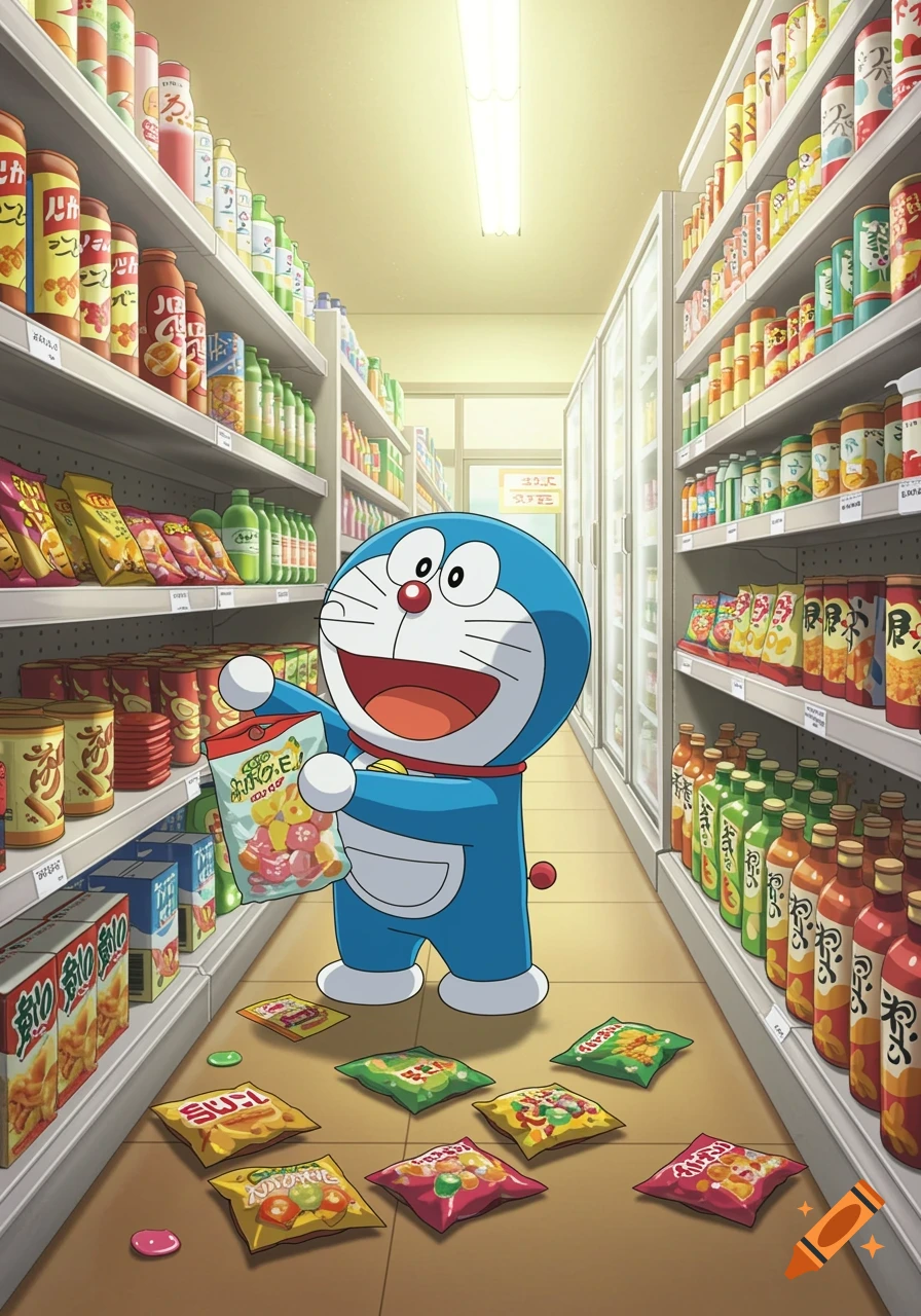Doraemon holds a bag of candy in a brightly lit convenience store aisle with candy bags on the floor.