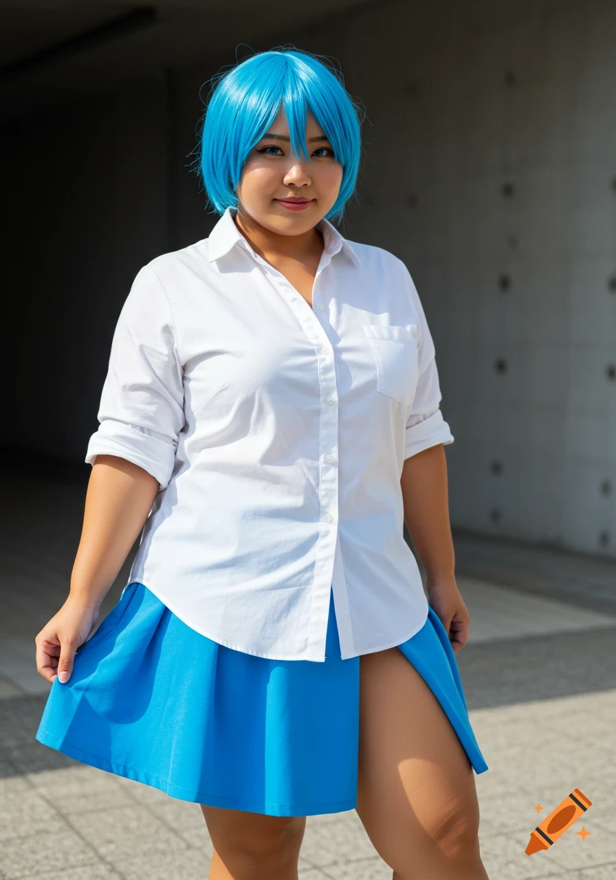 A person with short blue hair in a white shirt and blue skirt poses outside.