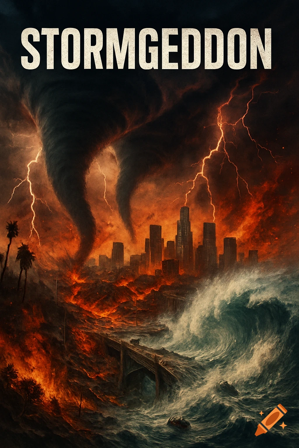 Movie poster for Stormgeddon showing tornadoes, flooding, and lightning striking a city.