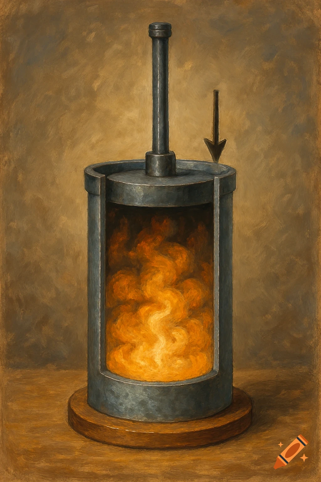 Illustration of a fire piston showing cross-section cylinder, plunger, and flame inside.