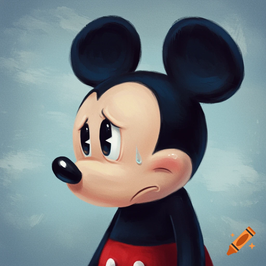 Close-up illustration of a sad Mickey Mouse with tears