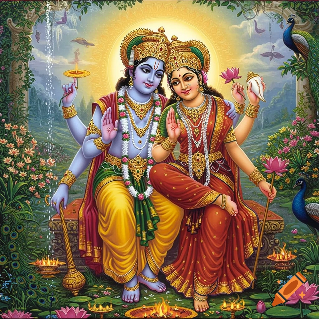Traditional depiction of Hindu deities Mahalakshmi and Mahavishnu in a lush garden setting.