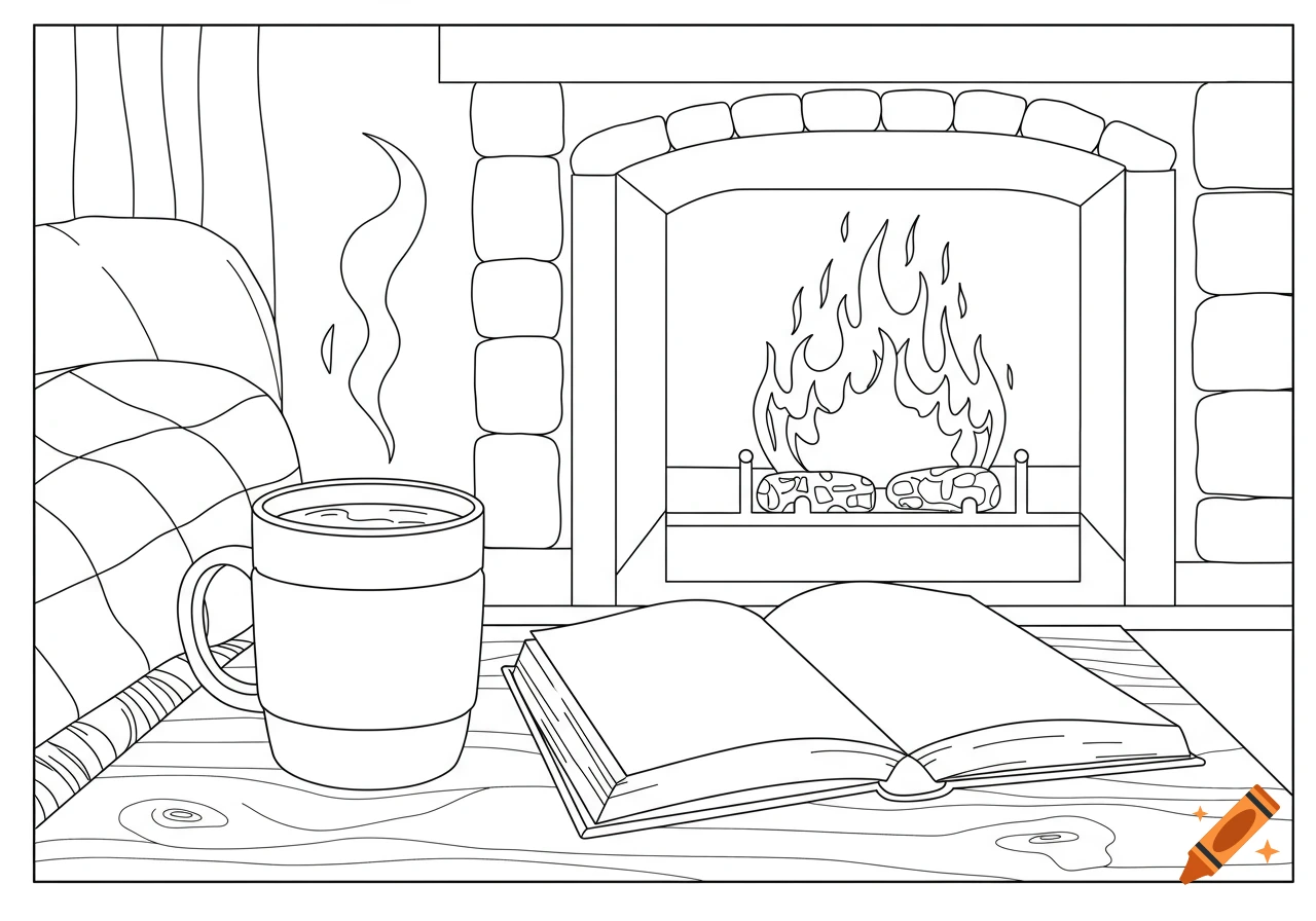 Coloring book style illustration of a cozy scene with a fireplace, a steaming mug, and an open book on a wooden table.