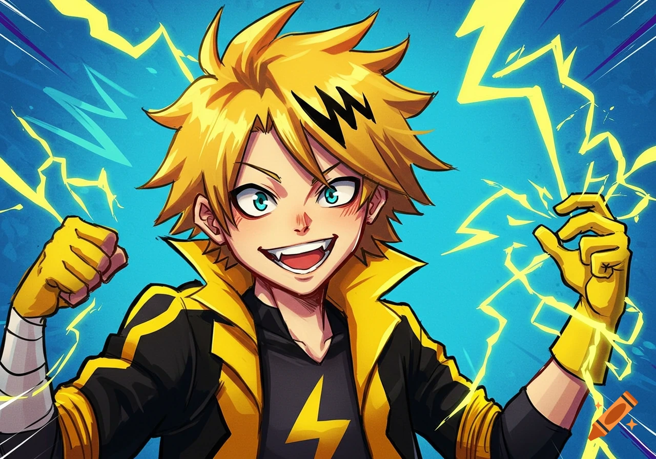 Anime style illustration of a young man with spiky blonde hair and yellow lightning clothing, surrounded by lightning