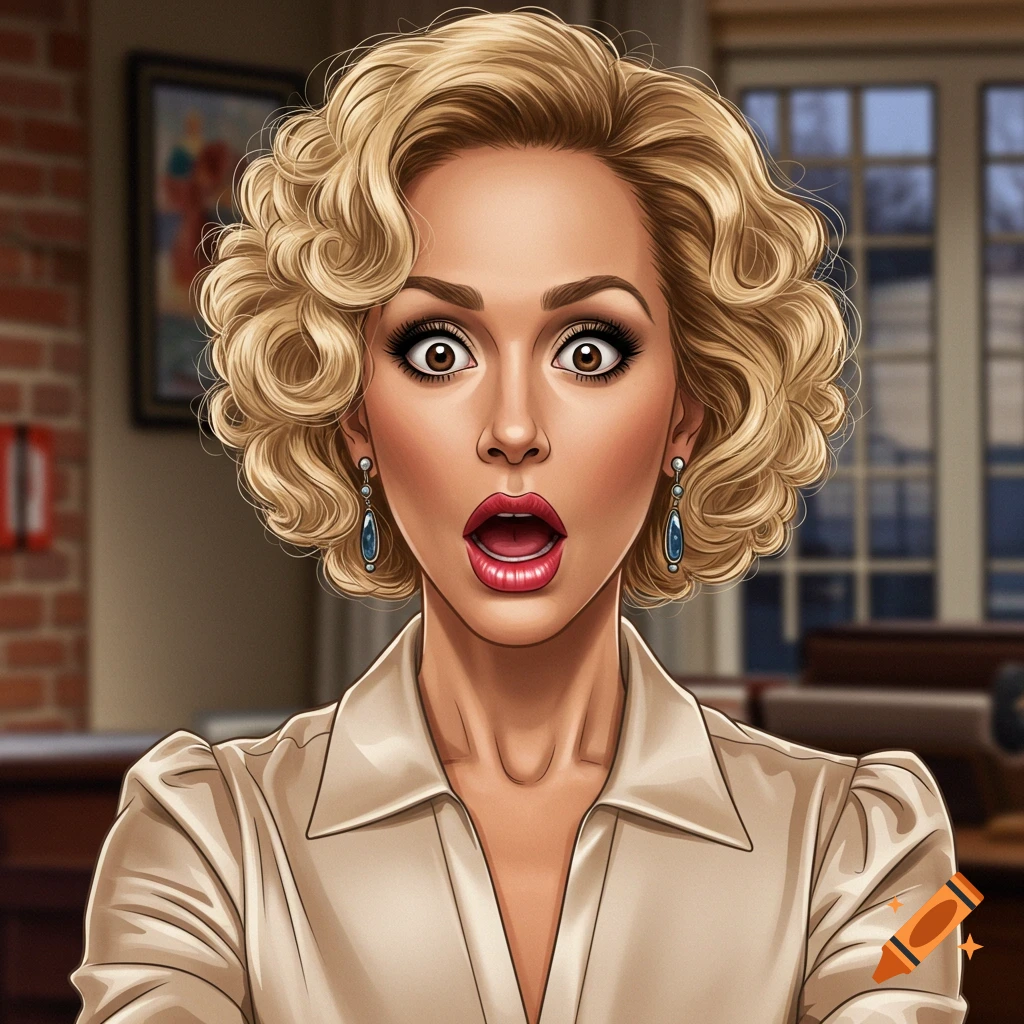 Cartoon portrait of a woman with curly blonde hair and a shocked expression.