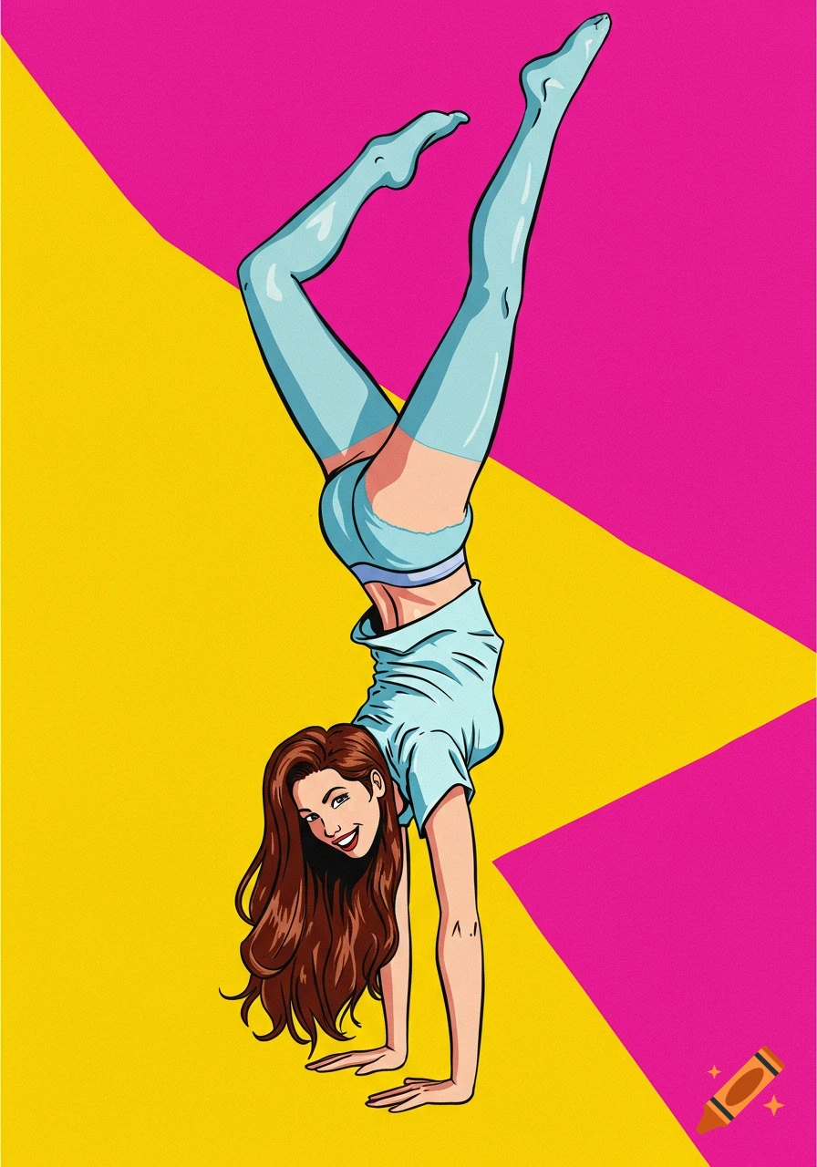 Illustration of a woman doing a handstand against a pink and yellow background in a pop art style.