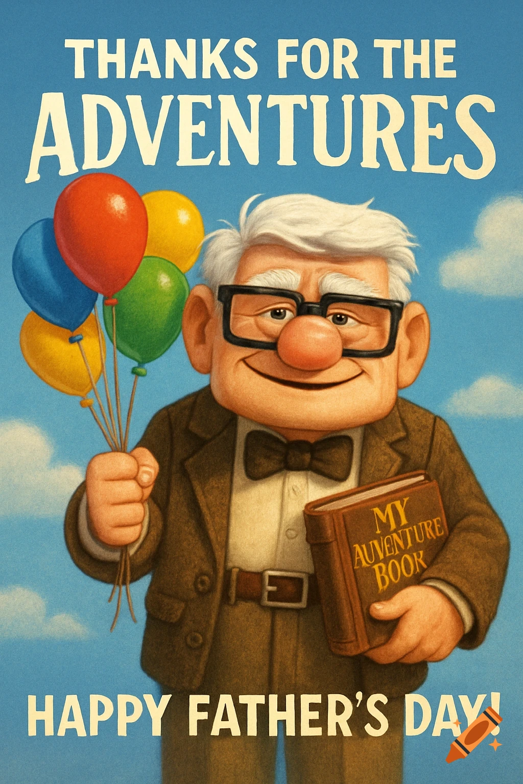 Carl Fredricksen from Up holds balloons and a book, with text 'Thanks for the Adventures, Happy Father’s Day!'.